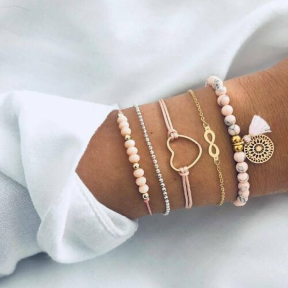 Jewelry - 5 Piece Boho Heart Infinity Stone Bracelet Set